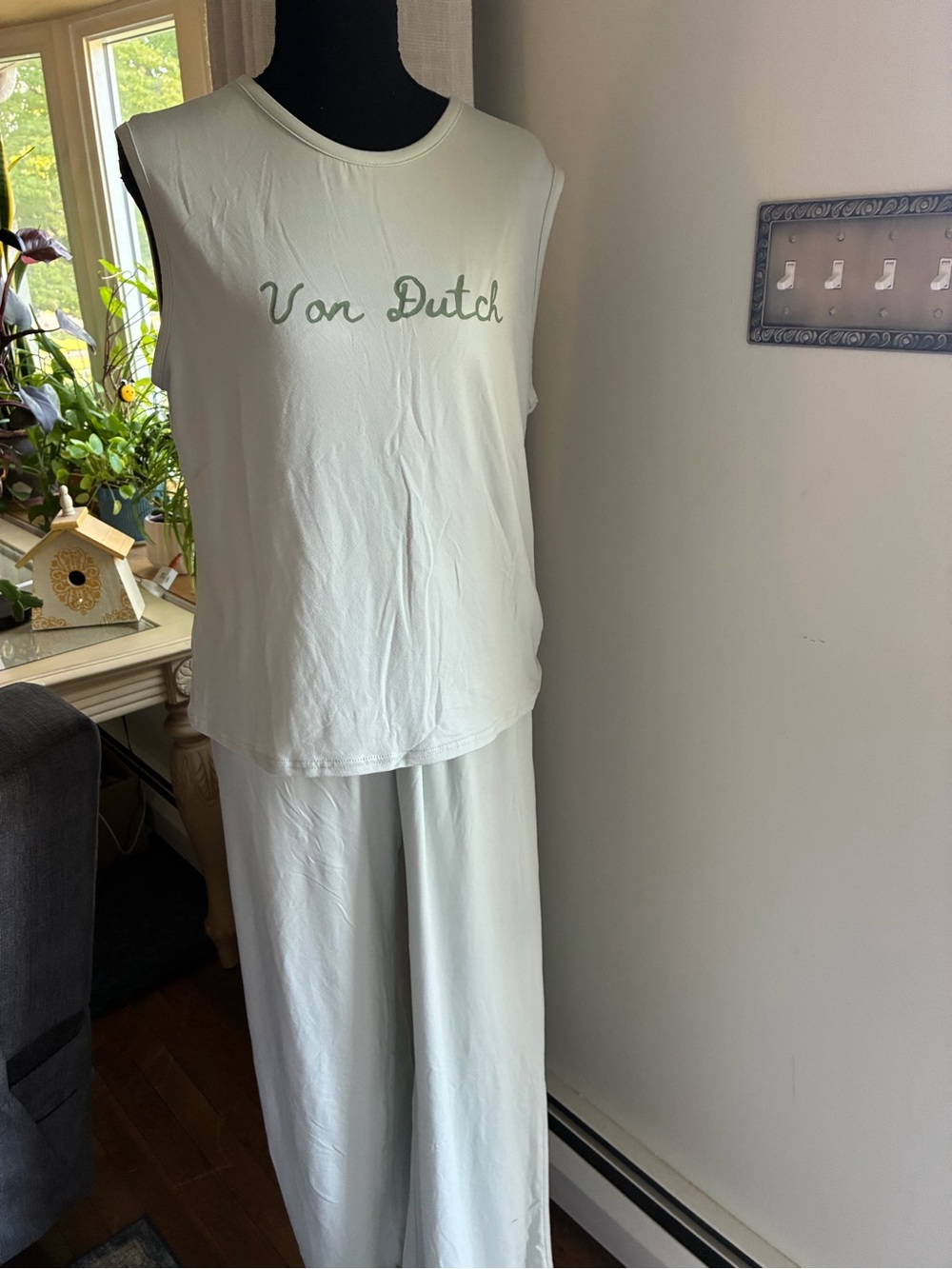 Von Dutch Pale Mint Sleeveless Lounge Tank & Wide-Leg Pants Set